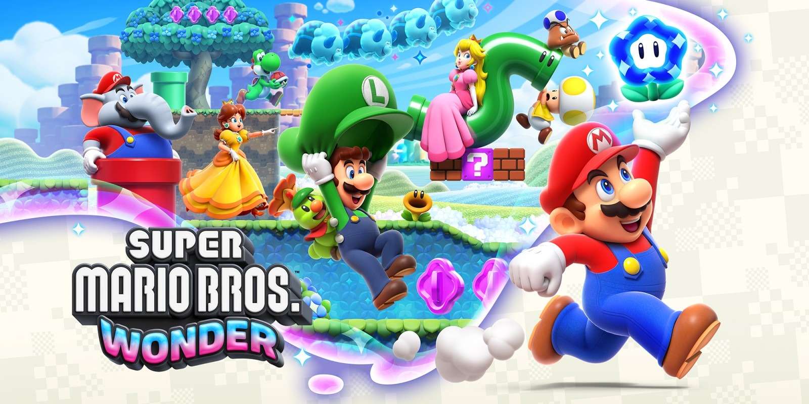 Super Mario Bros. Wonder Cover / Wallpaper. Adventure und Jump ’n’ Run Spiel (2023) für die Nintendo Switch.